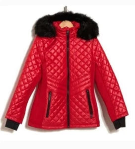 MICHAEL KORS WOMEN'S Water-Resistant Fur Removable Hood Red Quilted Jacket Sz S