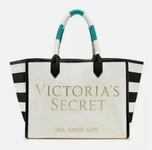 VICTORIAS SECRET CANVAS TOTE WEEKENDER GYM BEACH BAG WHITE BLACK ROPE HANDLE NWT