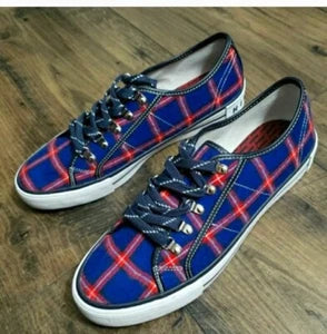 Tommy Hilfiger Womens Blue Plaid Low Top Sneakers (Size 7)