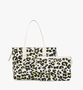 MCM Aren White Leopard Visetos Leather Shopper Bag With Pouch Medium