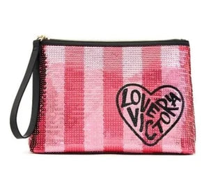 Victoria's Secret Pink Stripe Sequin Makeup Cosmetic Bag Wristlet New with Tag