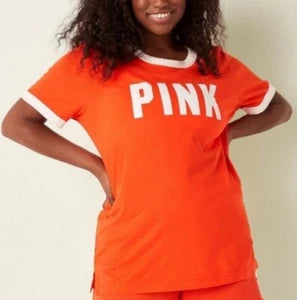 PINK VICTORIA'S SECRET COTTON SHORT SLEEVE CAMPUS RINGER T-SHIRT (SIZE XL)